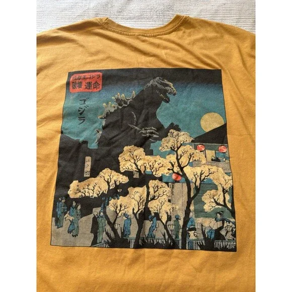 Godzilla in Japan Cherry Blossoms Mustard Yellow Graphics T-Shirt Sz Lg Japanese - Picture 5 of 5